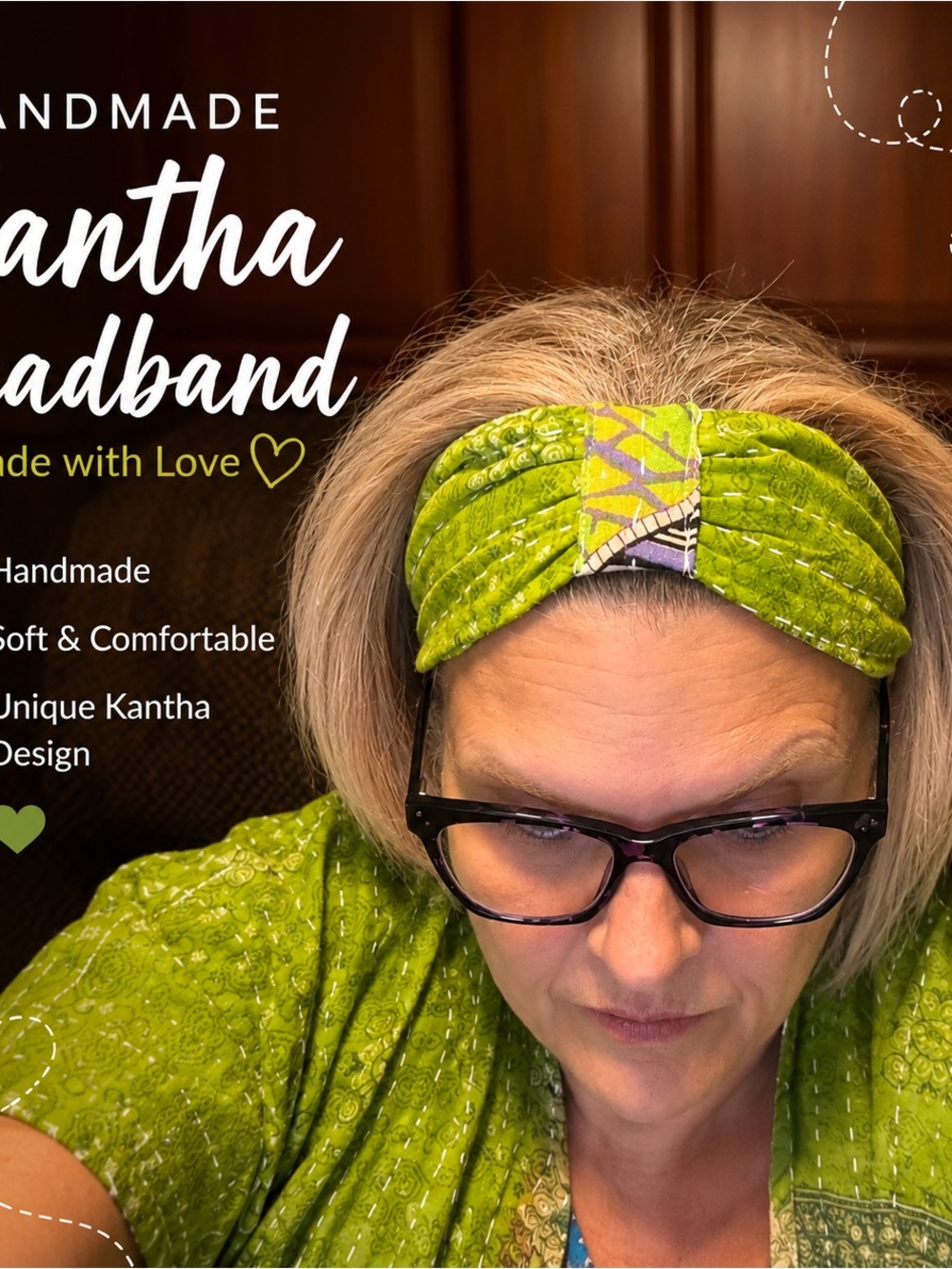 Handmade Kantha Green Twist Headband - Vibrant Green-Made in India